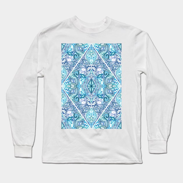 Blue and Teal Diamond Doodle Pattern Long Sleeve T-Shirt by micklyn
